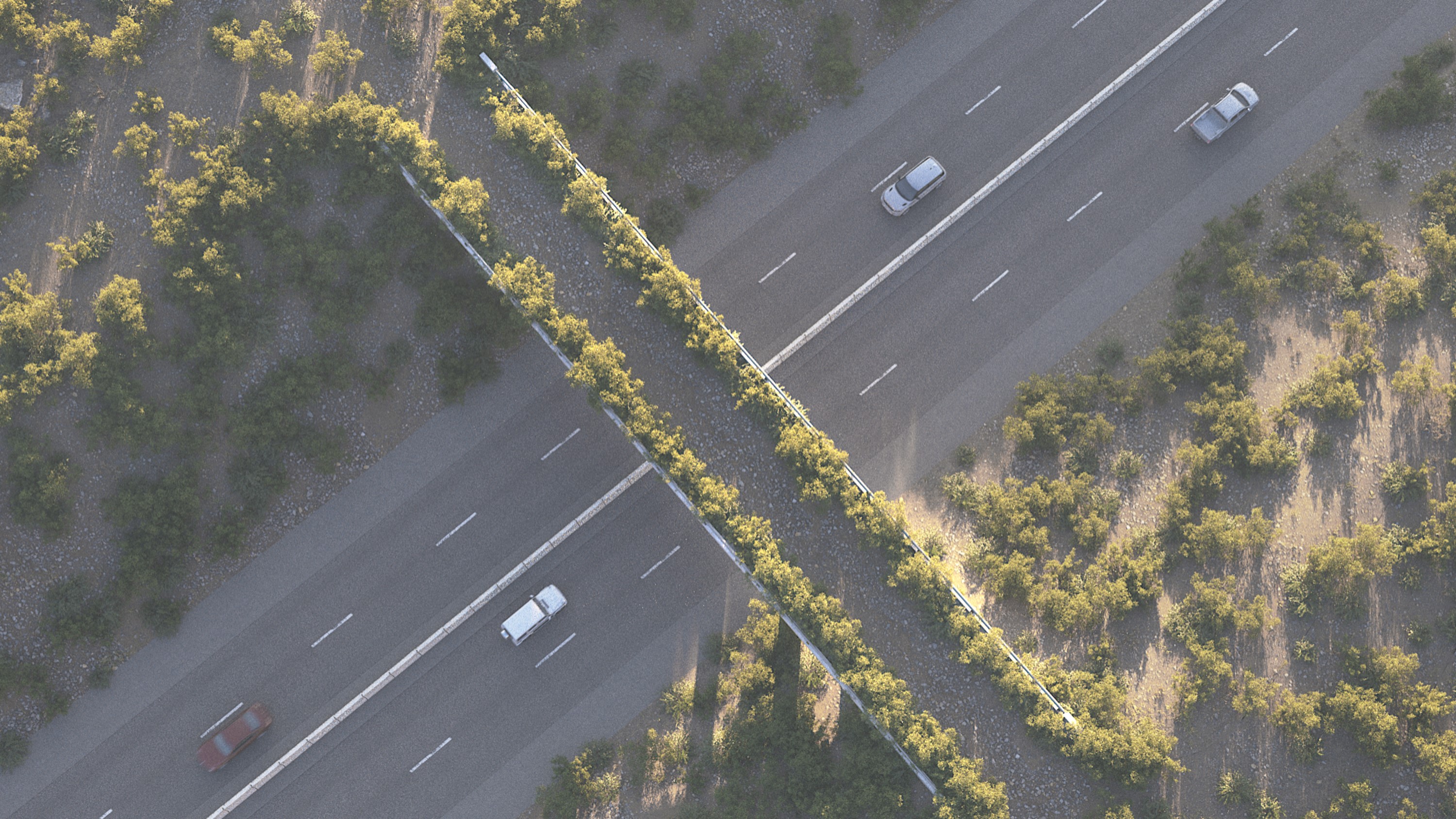 Overhead view of a plant-lined bridge that crosses over a road as cars drive below.