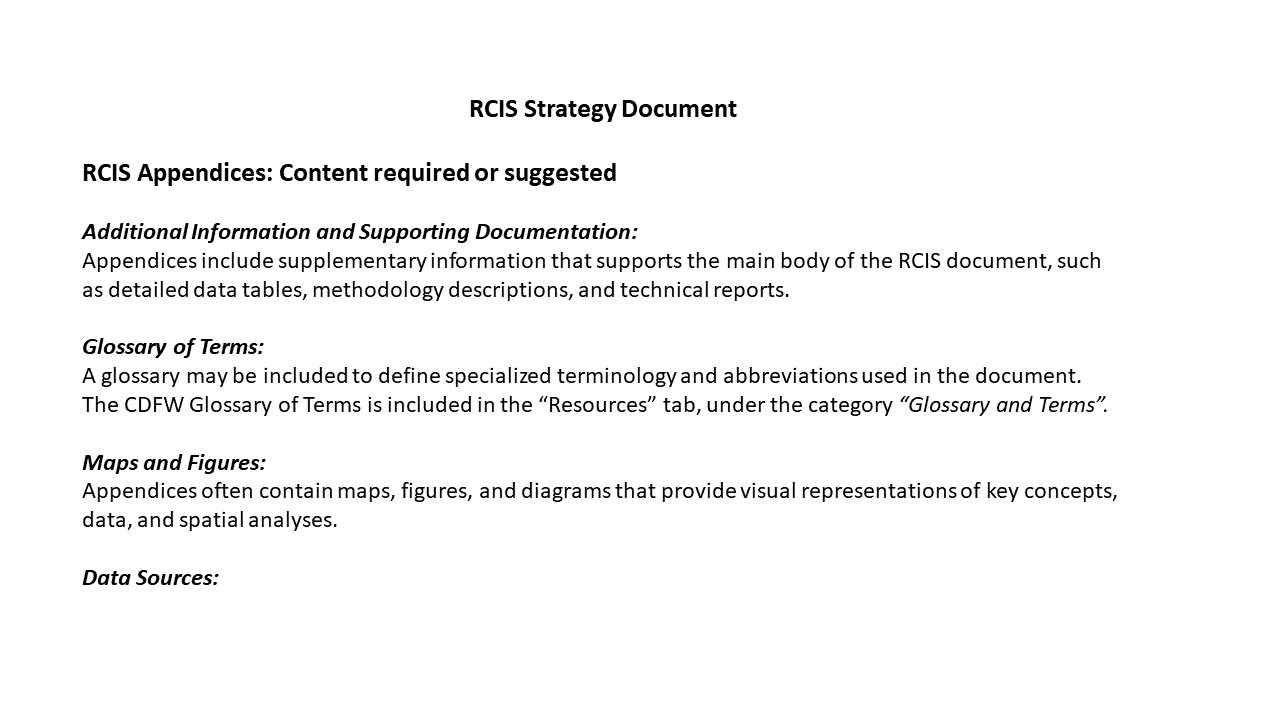 Content requirement for the RCIS Strategy Document Appendices