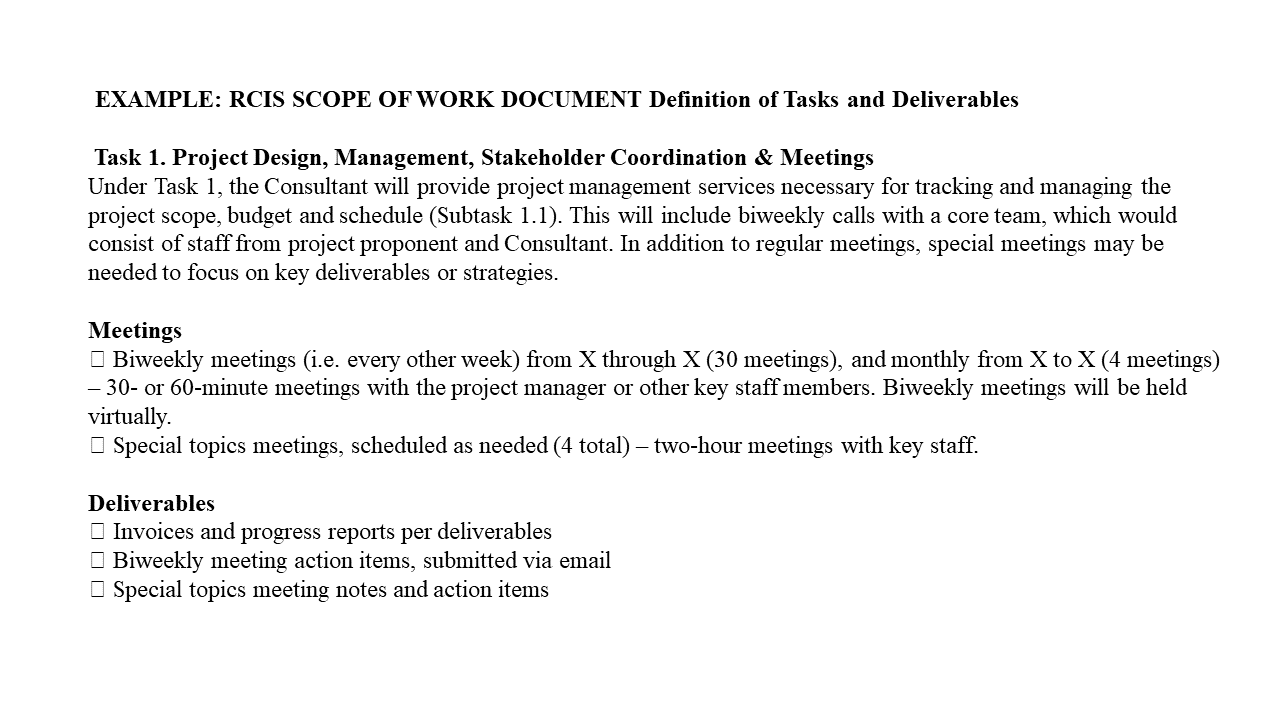 Template with examples of tasks and associated deliverables for RCIS Strategy development work