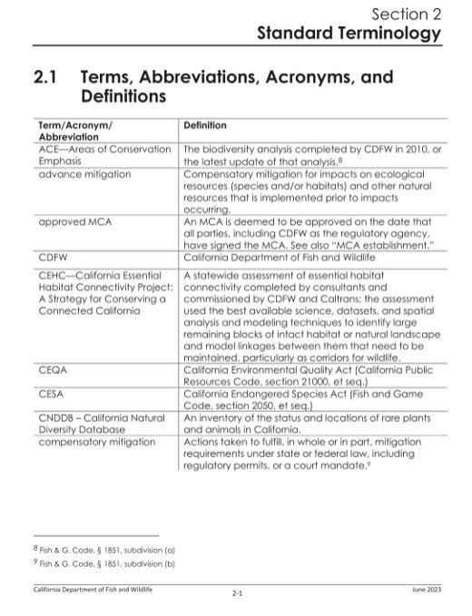 CDFW document of standard terminology for RCIS development including terms, abbreviations, acronyms and definitions.